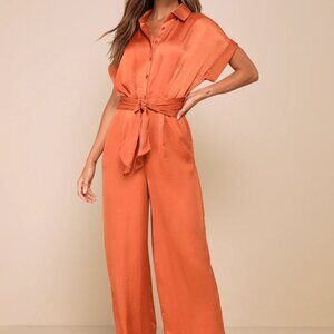 STEVE MADDEN Orange Satin Tie-Front Button-Up Collared Jumpsuit